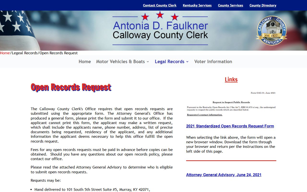 Calloway County Circuit Court Clerk records request information