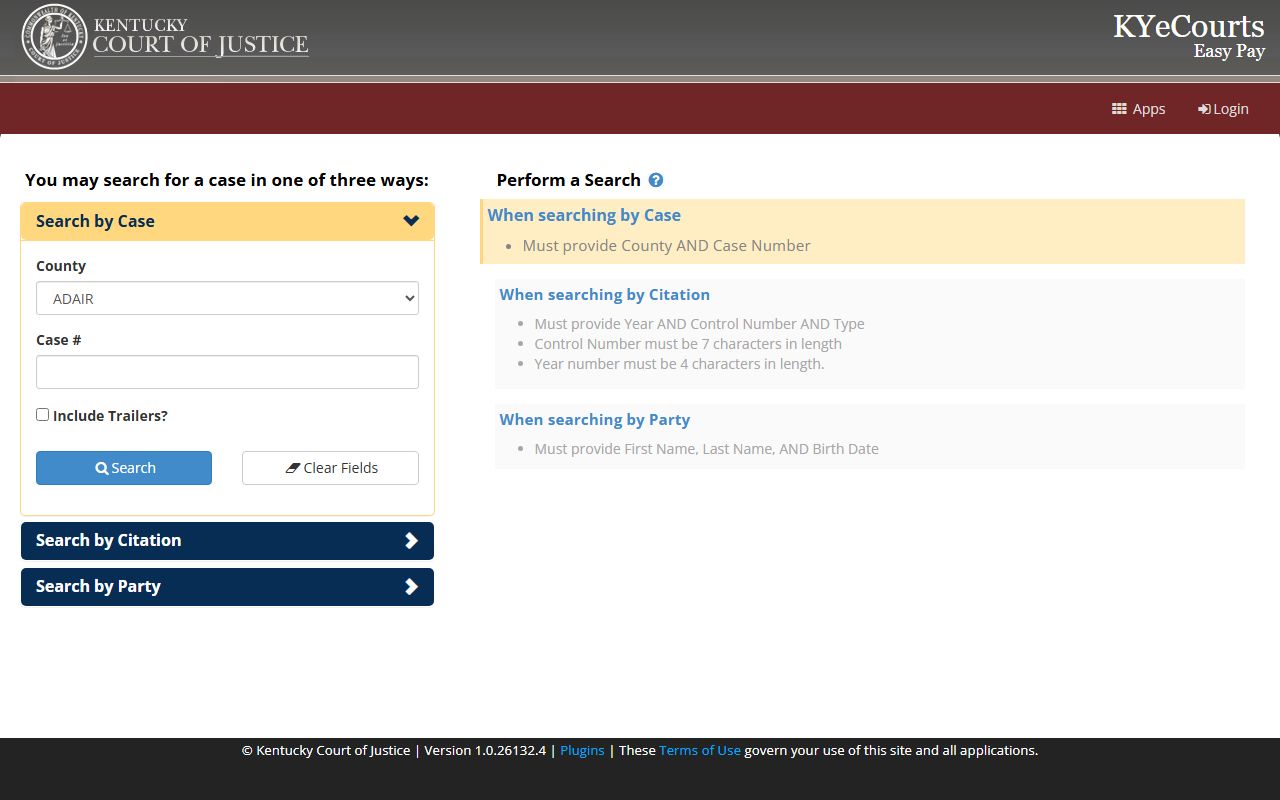 Calloway County court dockets Kentucky ePay search fields