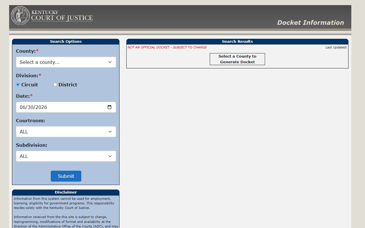 Calloway County court dockets Kentucky trial court docket search