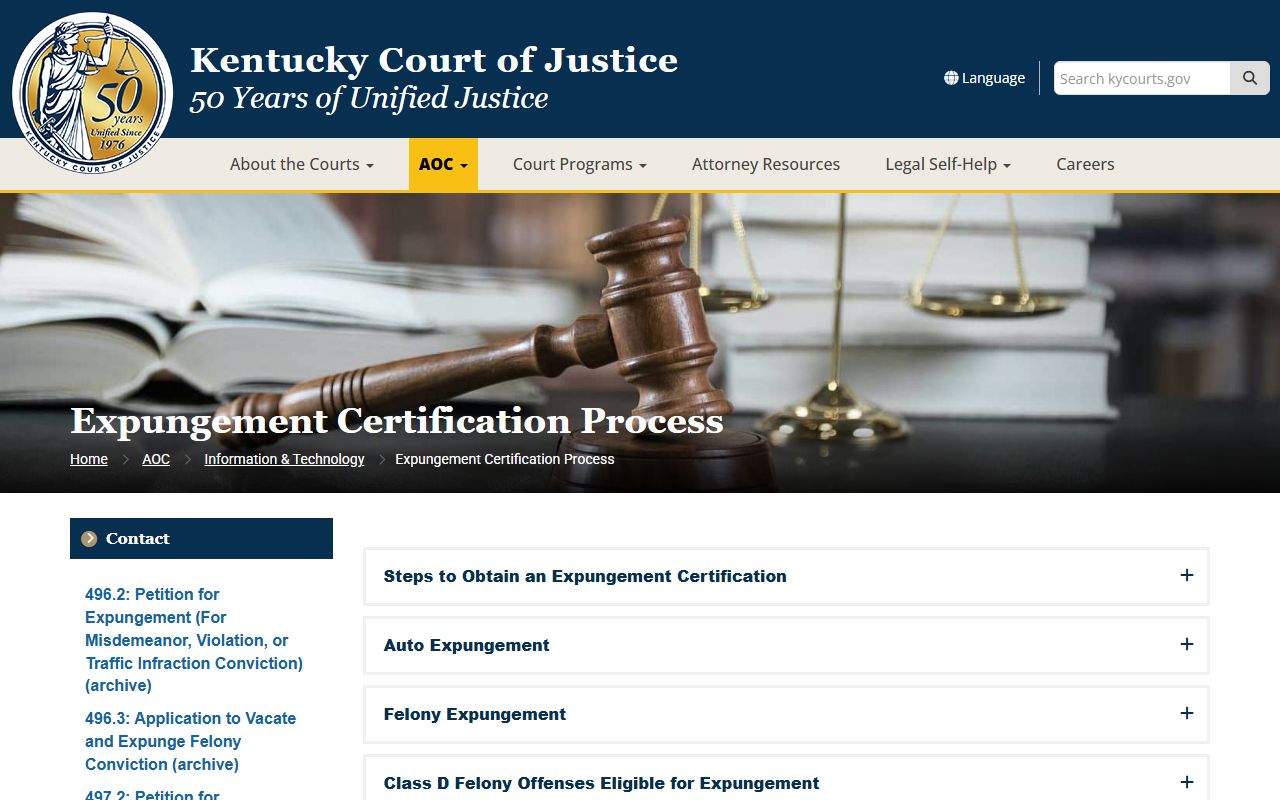 Calloway County criminal court records Kentucky Court of Justice expungement information