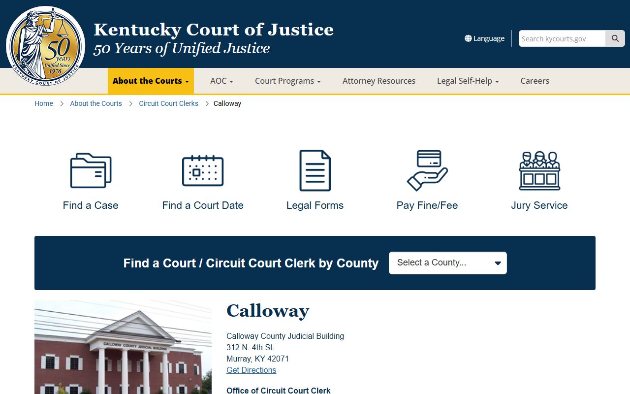Calloway County court records Kentucky Court of Justice county page