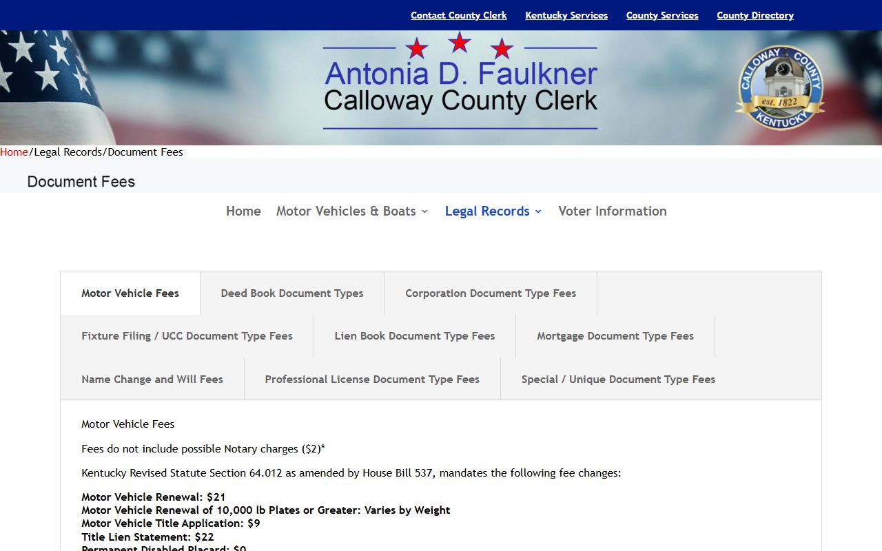 Calloway County marriage and divorce records fee schedule