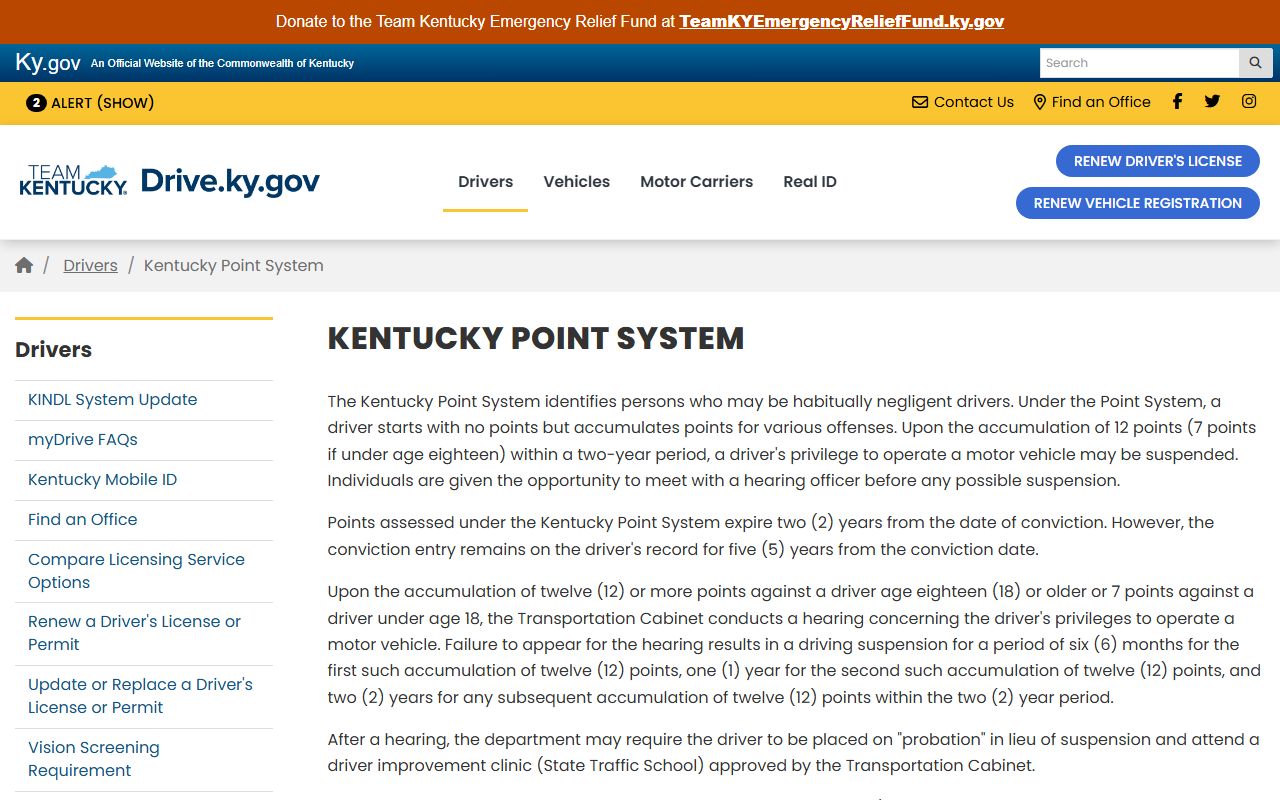 Calloway County traffic court records Kentucky point system
