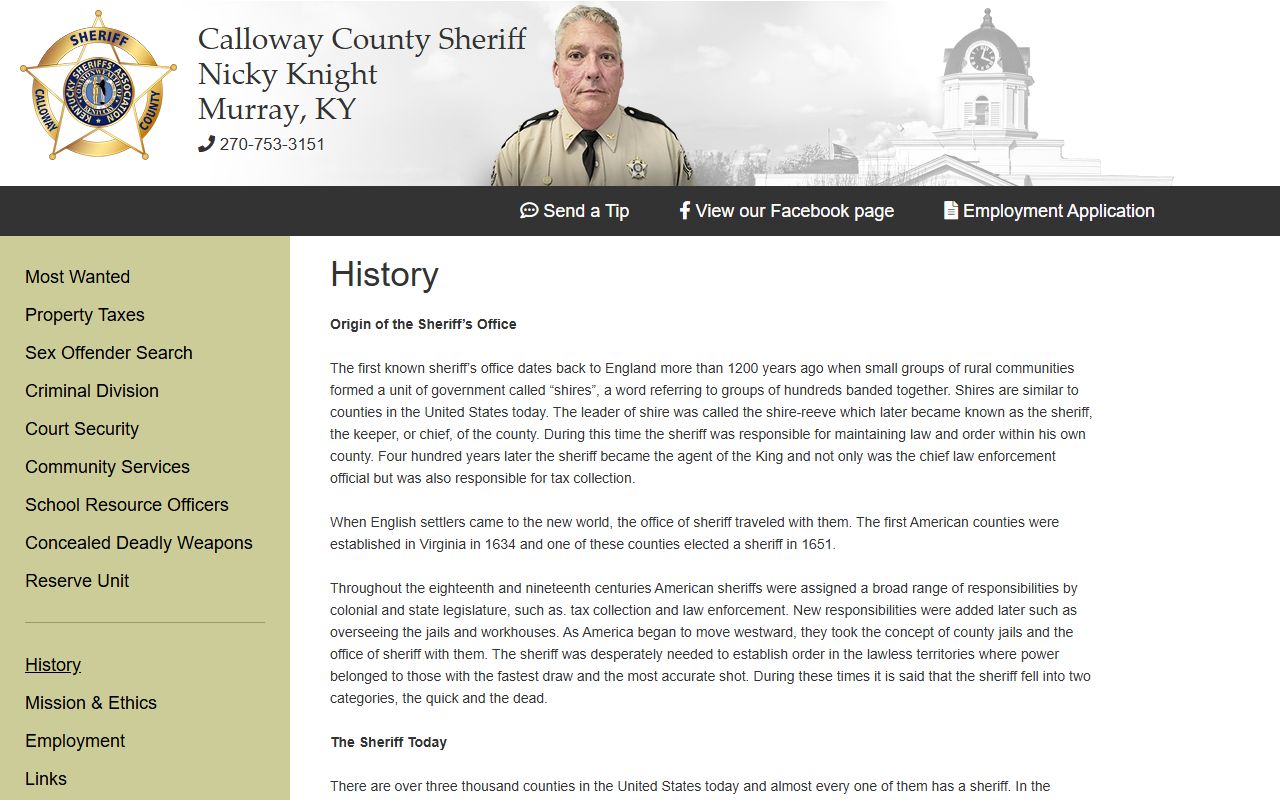 Calloway County warrant records sheriff history and office hours