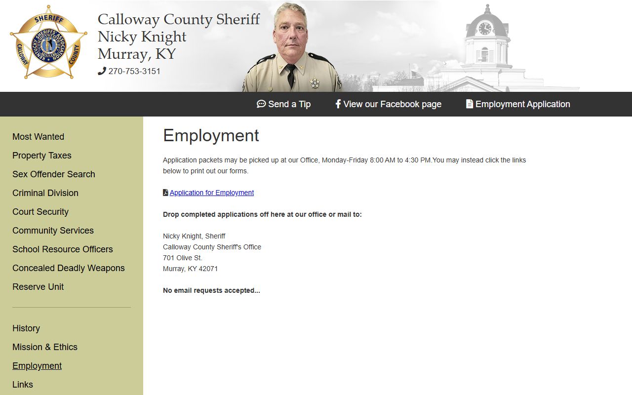 Calloway County warrant search sheriff office address and hours
